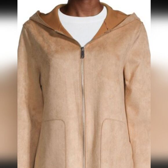 Joan Vass Faux Suede Camel Colored Hooded Coat Size XL - Picture 2 of 8